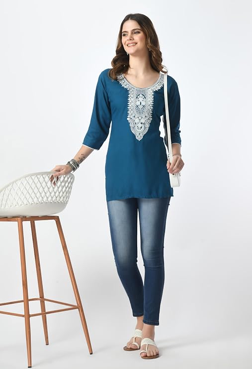 LIBOZA Short Kurti for Women – Lakhnowi Chikankari Embroidered Ladies Kurta, Stylish Girls Top, Ethnic Half Kurtas, Tunic Design Woman Kurtis Petrol Blue