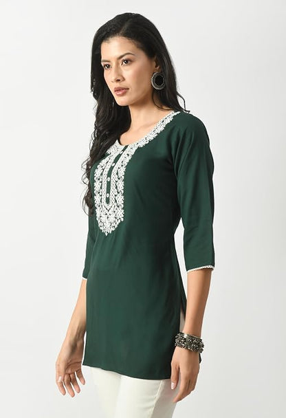 LIBOZA Short Kurta for Women – Lakhnowi Chikankari Embroidered Ladies Kurti, Ethnic Half Kurtas, Stylish Girls Top, Tunic Design Woman Kurtis Green