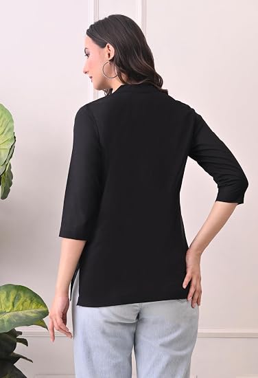 Women Cotton Short Kurta V-Neck with Button-Black