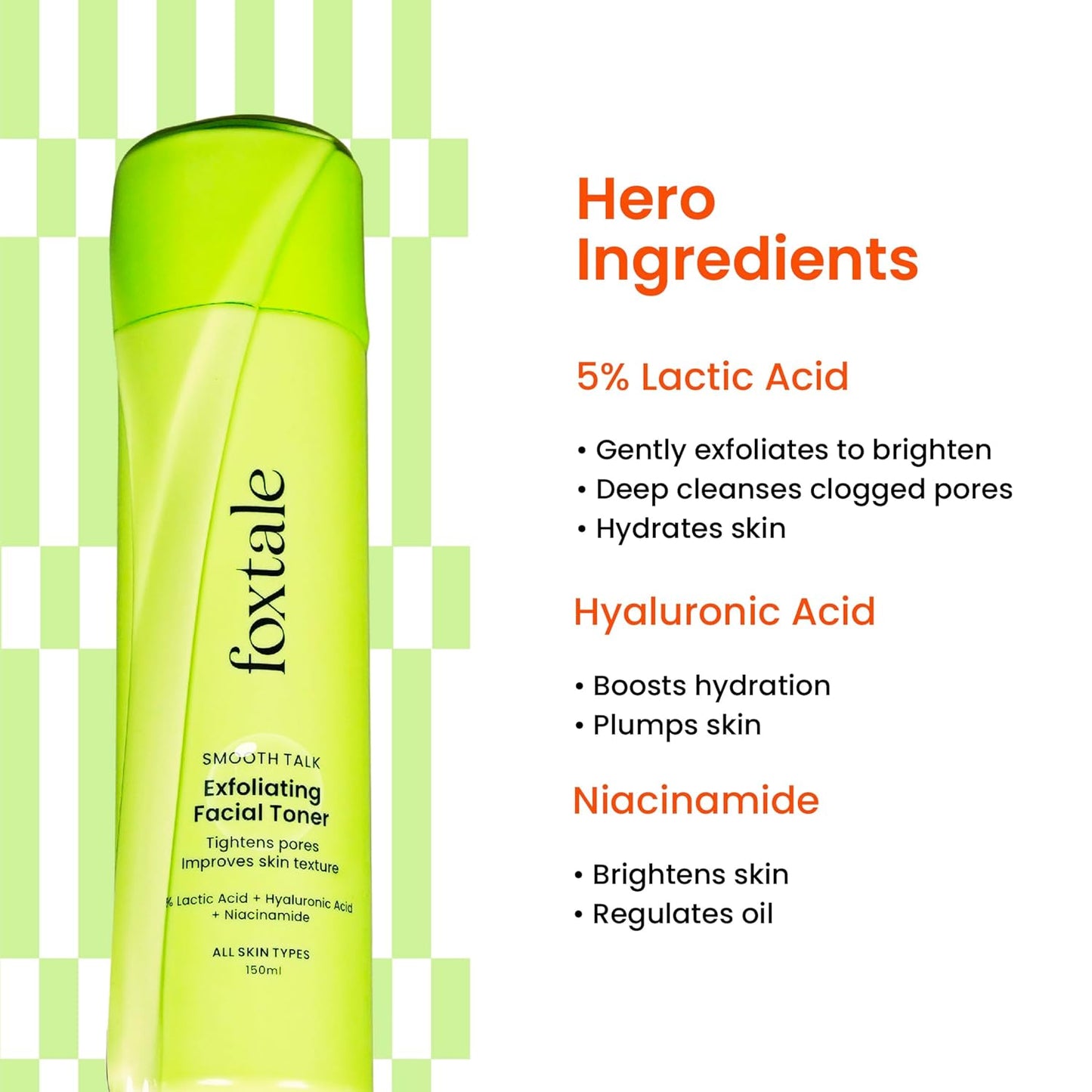 Foxtale 5% Lactic Acid Exfoliating Face Toner For Pore Tightening, Alcohol Free Men & Women 150 ml