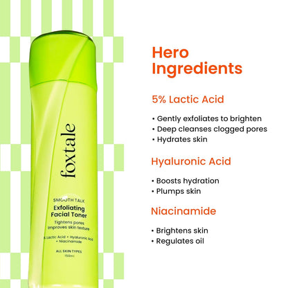 Foxtale 5% Lactic Acid Exfoliating Face Toner For Pore Tightening, Alcohol Free Men & Women 150 ml