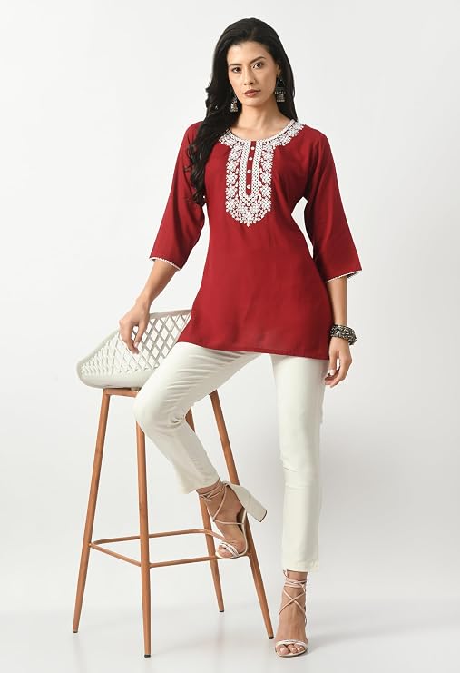 LIBOZA Short Kurta for Women – Lakhnowi Chikankari Embroidered Ladies Kurti, Ethnic Half Kurtas, Stylish Girls Top, Tunic Design Woman Kurtis