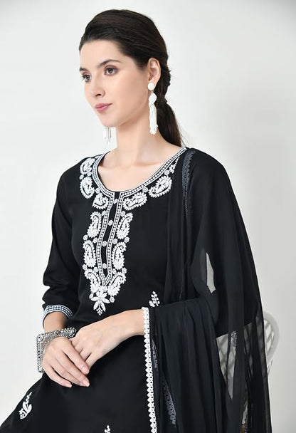 LIBOZA Chikankari Kurta Set for Women, Royon Cotton Straight Design Salwar Suit for Wedding, Diwali & Festival Kurti Pant With Dupatta, Suits Sets for Girls (IN, Alpha, 2XL, BLACK)