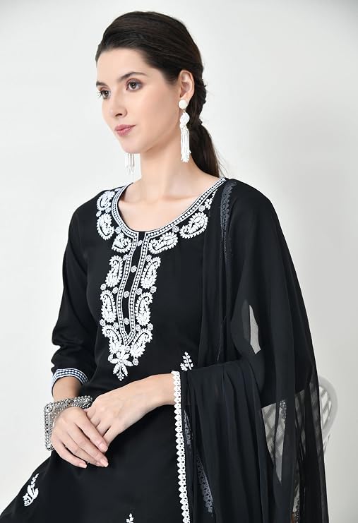 LIBOZA Chikankari Kurta Set for Women, Royon Cotton Straight Design Salwar Suit for Wedding, Diwali & Festival Kurti Pant With Dupatta, Suits Sets for Girls (IN, Alpha, 2XL, BLACK)