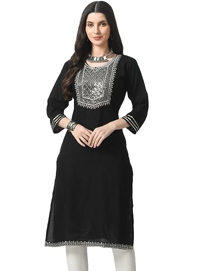 Embroidered Straight Design Kurtis for Woman-Black