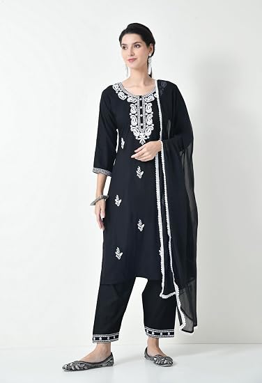 Chikankari Kurta Set for Women-Black