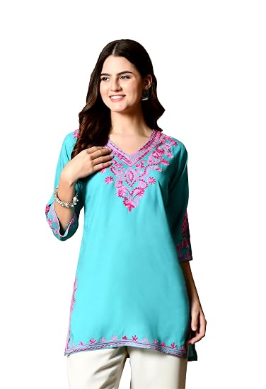 Embroidered Kashmiri Short Kurti -Sea Green