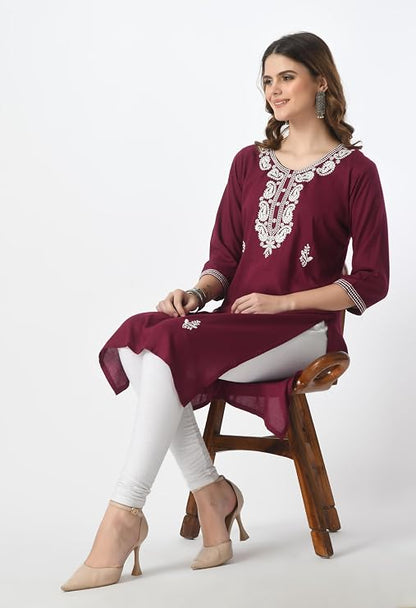LIBOZA Kurta for Women – Lakhnowi Chikankari Embroidered Ladies Kurti, Stylish Girls Top, Ethnic Full Kurtas, Straight Design Kurtis for Woman