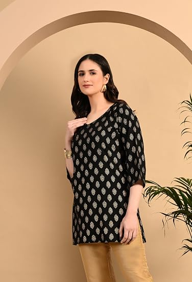 Rayon Cotton  Short Kurtis for Ladies-Black