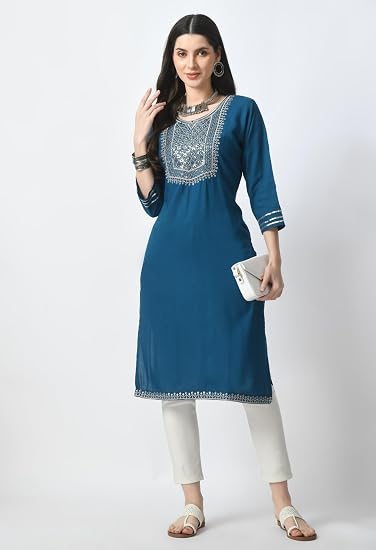 Embroidered Straight Design Kurtis for Woman-Petrol Blue