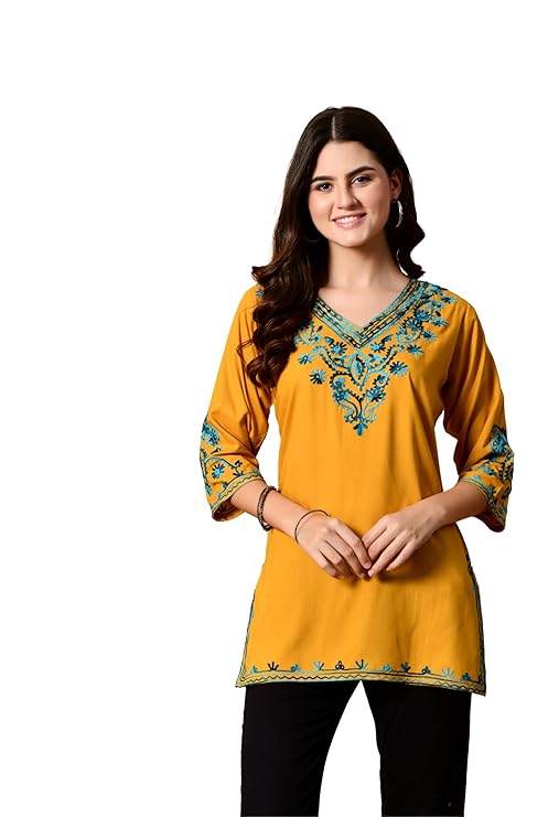 LIBOZA Embroidered Kashmiri Tunic Top, Short Kurti for Women on Jeans, V-Neck, 3/4 Sleeve, Floral Design,