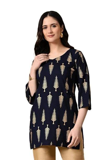 LIBOZA Short Kurti for Women for Jeans, Rayon Cotton Kurtis for Ladies, Gold Printed U Neck Women's Tunic Design Kurta, Top Floral Kurtas for Woman
