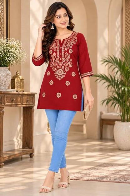 LIBOZA Kurti for Women - Short Chikankari Kurtis for Girls, Lakhnawi Red