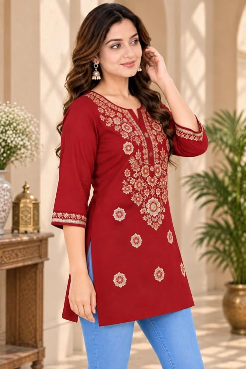 LIBOZA Kurti for Women - Short Chikankari Kurtis for Girls, Lakhnawi Red