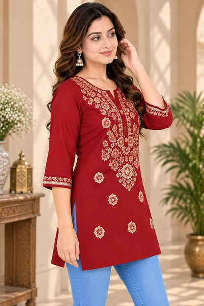 LIBOZA Kurti for Women - Short Chikankari Kurtis for Girls, Lakhnawi Red