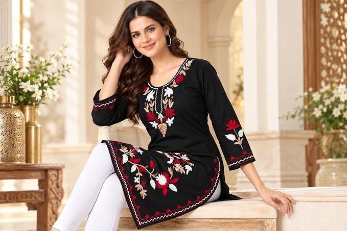 LIBOZA Summer Kurti for Women - Long Lakhnavi Chikankari Kurta, Stylish Straight Womens Kurtas for College Girls, Ladies Traditional Top Simple Colored Embroidery