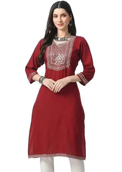 Embroidered Straight Design Kurtis for Woman-Red