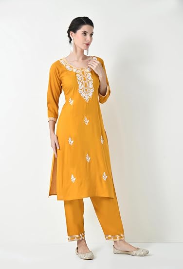 Chikankari Kurta Set for Women-Yellow