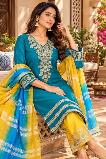 LIBOZA Women Kurta Pant Set with Dupatta Roman Glass Fabric-Teal