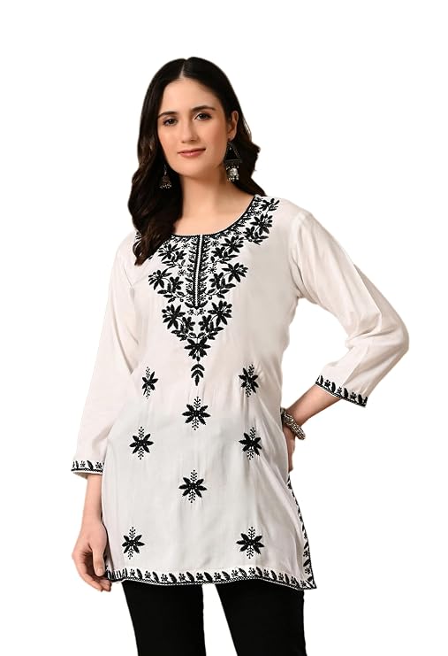 LIBOZA Women's Chikankari Embroidered Short Kurti, Rayon Fabric, Three-Quarter Sleeves, Available in Pink, Black, Mustard Yellow, White, Pista and Green