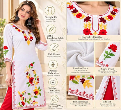 LIBOZA Summer Kurti for Women - Long Lakhnavi Chikankari Kurta, Stylish Straight Womens Kurtas for College Girls, Ladies Traditional Top Simple Colored Embroidery