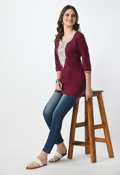 LIBOZA Short Kurti for Women – Lakhnowi Chikankari Embroidered Ladies Kurta, Stylish Girls Top, Ethnic Half Kurtas, Tunic Design Woman Kurtis Purple