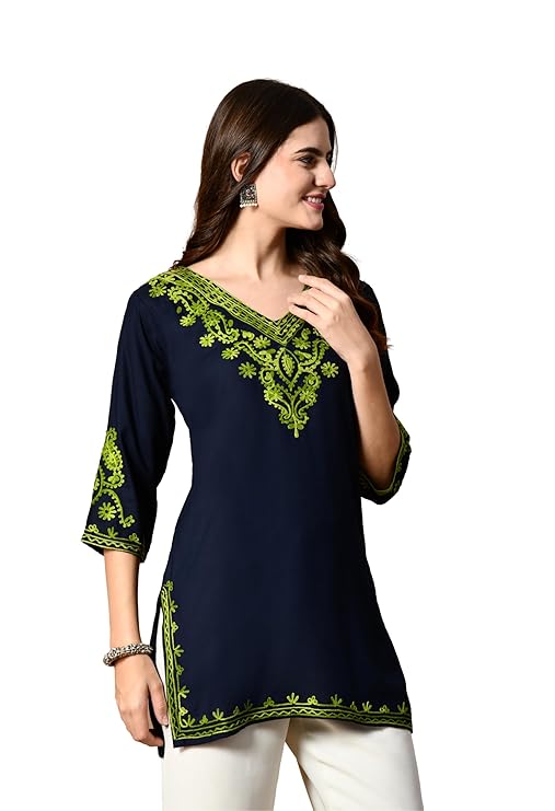 LIBOZA Embroidered Kashmiri Tunic Top, Short Kurti for Women on Jeans, V-Neck, 3/4 Sleeve, Floral Design,