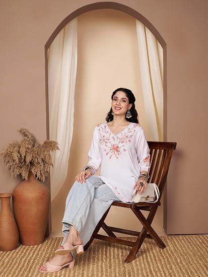 Embroidered Chikankari Kurti for Women - White Red