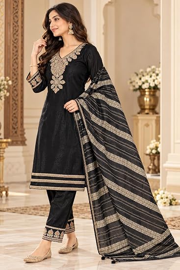 LIBOZA Women Kurta Pant Set with Dupatta Roman Glass Fabric-Black