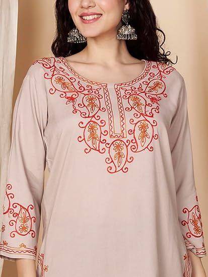 Embroidered Chikankari Kurti for Women - Beige3