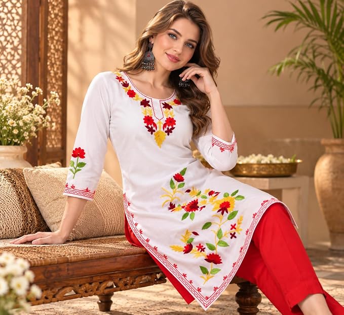 LIBOZA Summer Kurti for Women - Long Lakhnavi Chikankari Kurta, Stylish Straight Womens Kurtas for College Girls, Ladies Traditional Top Simple Colored Embroidery
