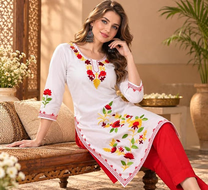 LIBOZA Summer Kurti for Women - Long Lakhnavi Chikankari Kurta, Stylish Straight Womens Kurtas for College Girls, Ladies Traditional Top Simple Colored Embroidery