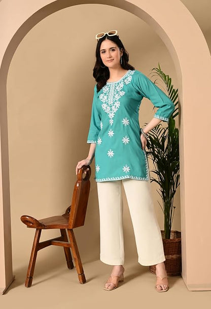 Women's Chikankari Embroidered Short Kurti, Rayon Fabric, Three-Quarter Sleeves, Available in Pink, Black, Mustard Yellow, White, Pista and Green