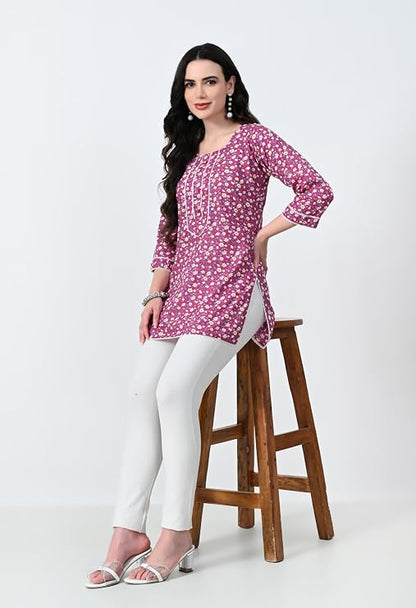 LIBOZA Short Kurti for Women for Jeans, Pure Cotton Kurtis for Ladies, Jaipuri Round Neck Women's Tunic Design Kurta, Fancy Top Floral Kurtas & Tunics for Woman