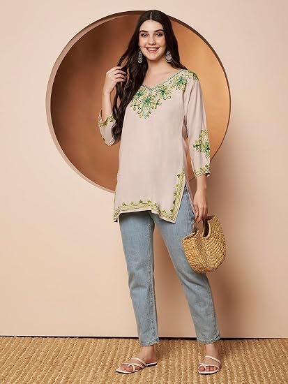 Embroidered Chikankari Kurti for Women - Beige1
