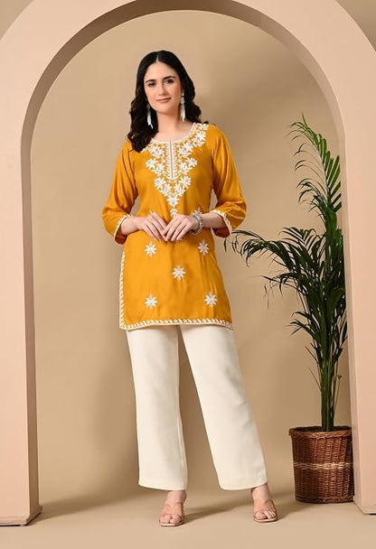 LIBOZA Women's Chikankari Embroidered Short Kurti, Rayon Fabric, Three-Quarter Sleeves, Available in Pink, Black, Mustard Yellow, White, Pista and Green