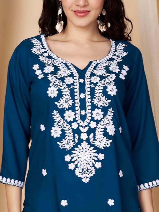 Short Kurti for Women for Jeans, Chikankari Kurtis for Ladies, Lakhnavi V- Neck Women's Tunic Design Kurta, Floral Kurtas & Tunics for Woman