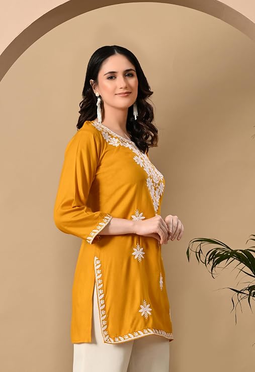LIBOZA Women's Chikankari Embroidered Short Kurti, Rayon Fabric, Three-Quarter Sleeves, Available in Pink, Black, Mustard Yellow, White, Pista and Green