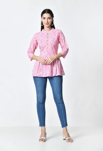 LIBOZA Women's Cotton Floral Print Box Pleated Kurti, Pink