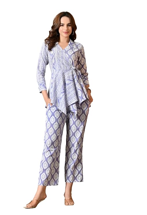 LIBOZA Women's Floral Print Cotton Angrakha Kurta with Pant Set – Stylish Ethnic Wear for All Occasions, Comfortable & Trendy Design