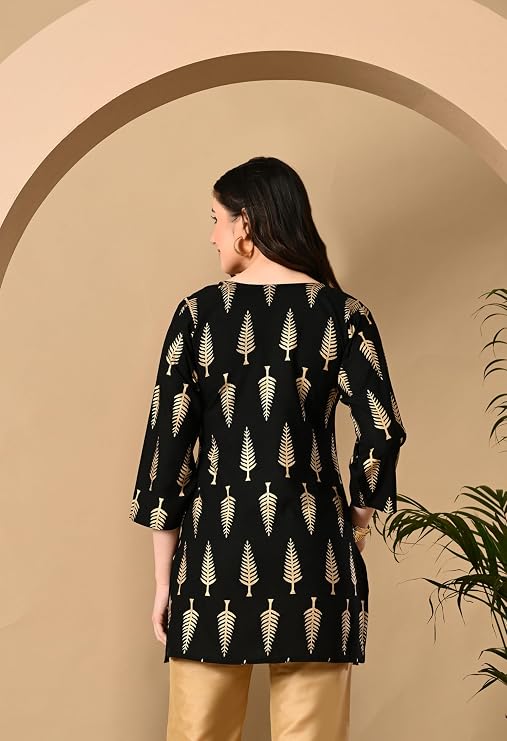 LIBOZA Short Kurti for Women for Jeans, Rayon Cotton Kurtis for Ladies, Gold Printed U Neck Women's Tunic Design Kurta, Top Floral Kurtas for Woman