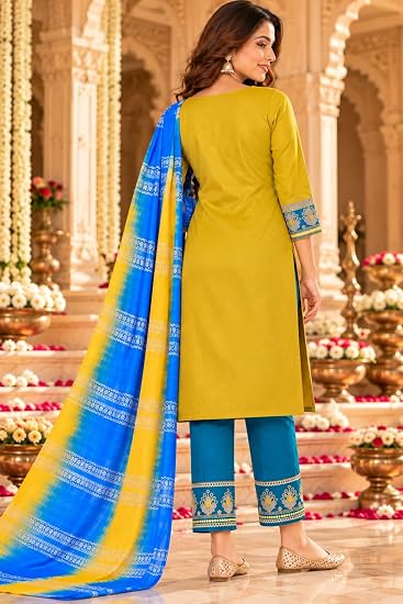 LIBOZA Women Kurta Pant Set with Dupatta Roman Glass Fabric-Yellow