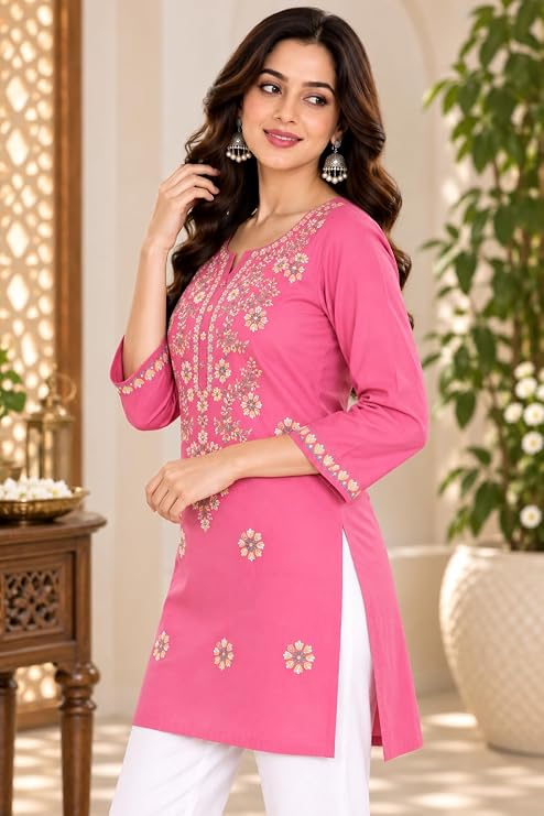 LIBOZA Kurti for Women - Short Chikankari Kurtis for Girls, Lakhnawi Pink