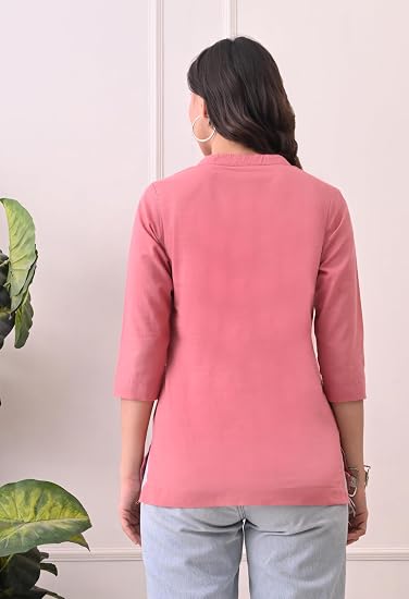 Women Cotton Short Kurta V-Neck with Button-Pink