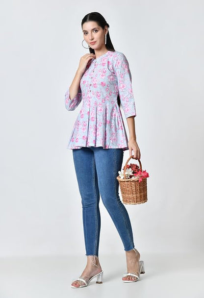 LIBOZA Women's Cotton Floral Print Box Pleated Kurti, Pink