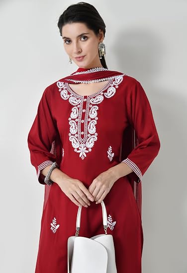 Chikankari Kurta Set for Women-Red