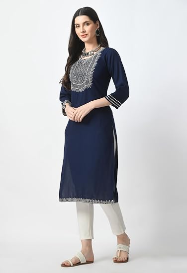 Embroidered Straight Design Kurtis for Woman-Navy Blue