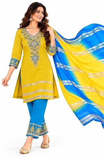 LIBOZA Women Kurta Pant Set with Dupatta Roman Glass Fabric-Yellow