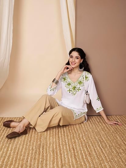 Embroidered Chikankari Kurti for Women - White Green