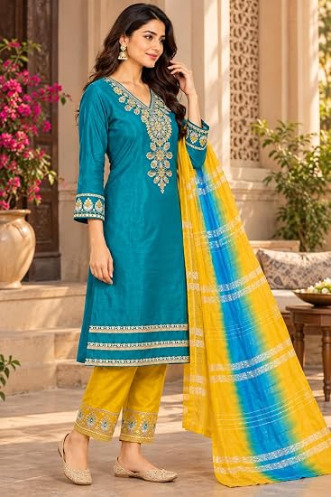 LIBOZA Women Kurta Pant Set with Dupatta Roman Glass Fabric-Teal